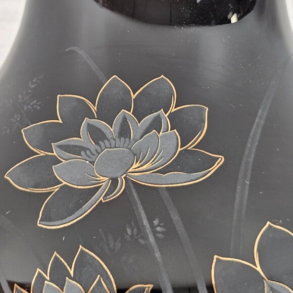 Black Painted Glass Vase Etched Lotus Floral Gold Detail Asian Art Style 10in - Picture 4 of 10
